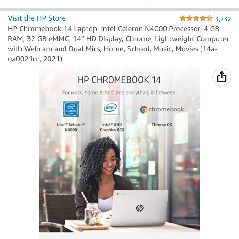HP Chromebook 14 Laptop, Intel Celeron N4000 Processor, 4 GB RAM, 32 GB eMMC.